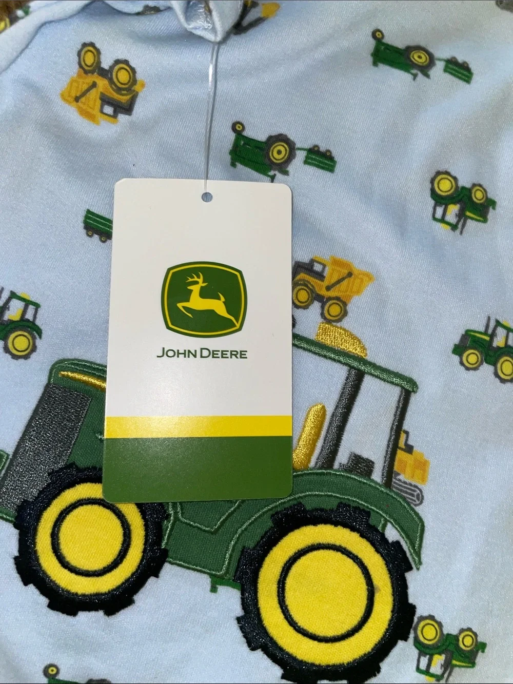 John Deere Light Blue Short Sleeve Tractor Print Romper with Green Pocket